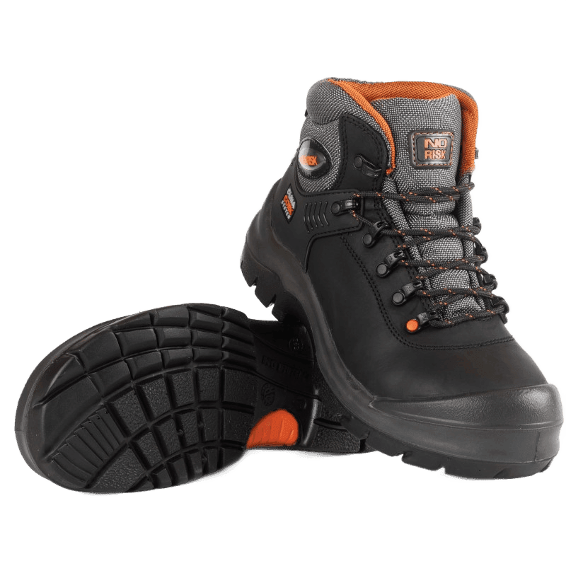 A pair of No Risk Blackrock High safety shoes stacked on top of each other