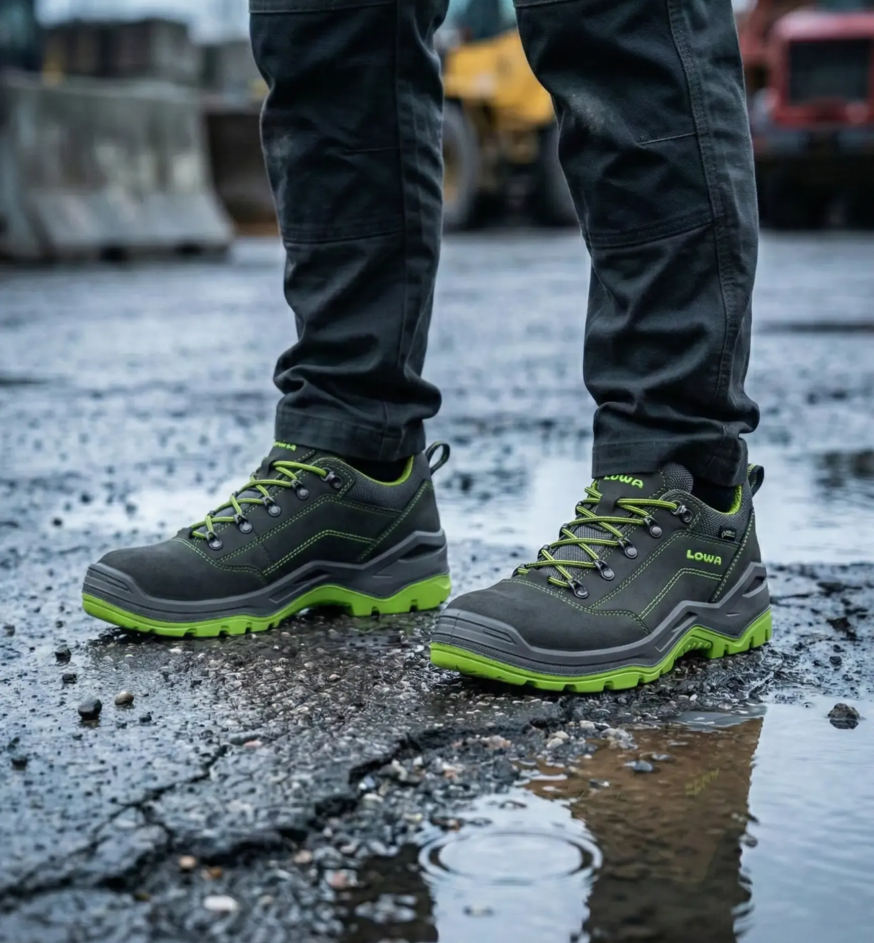 Atmospheric image Lowa Renegade Work GTX Green low on construction site
