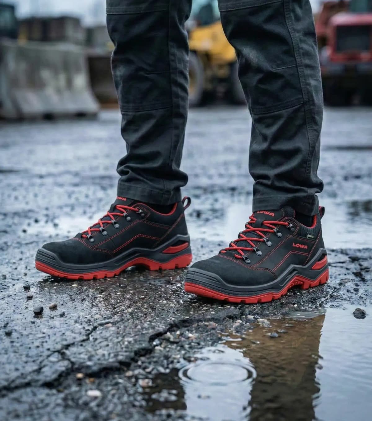 Atmospheric image of Lowa Renegade Work GTX Red Low on a wet construction site