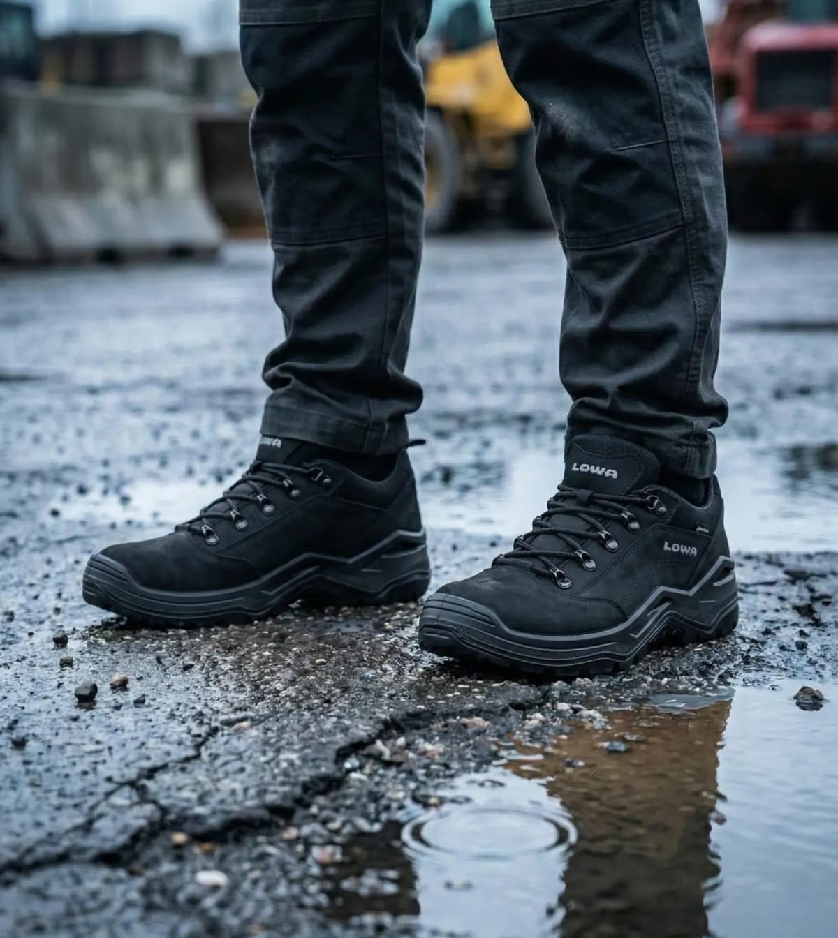 Atmospheric image of Lowa Renegade Work GTX Black Low on a wet construction site