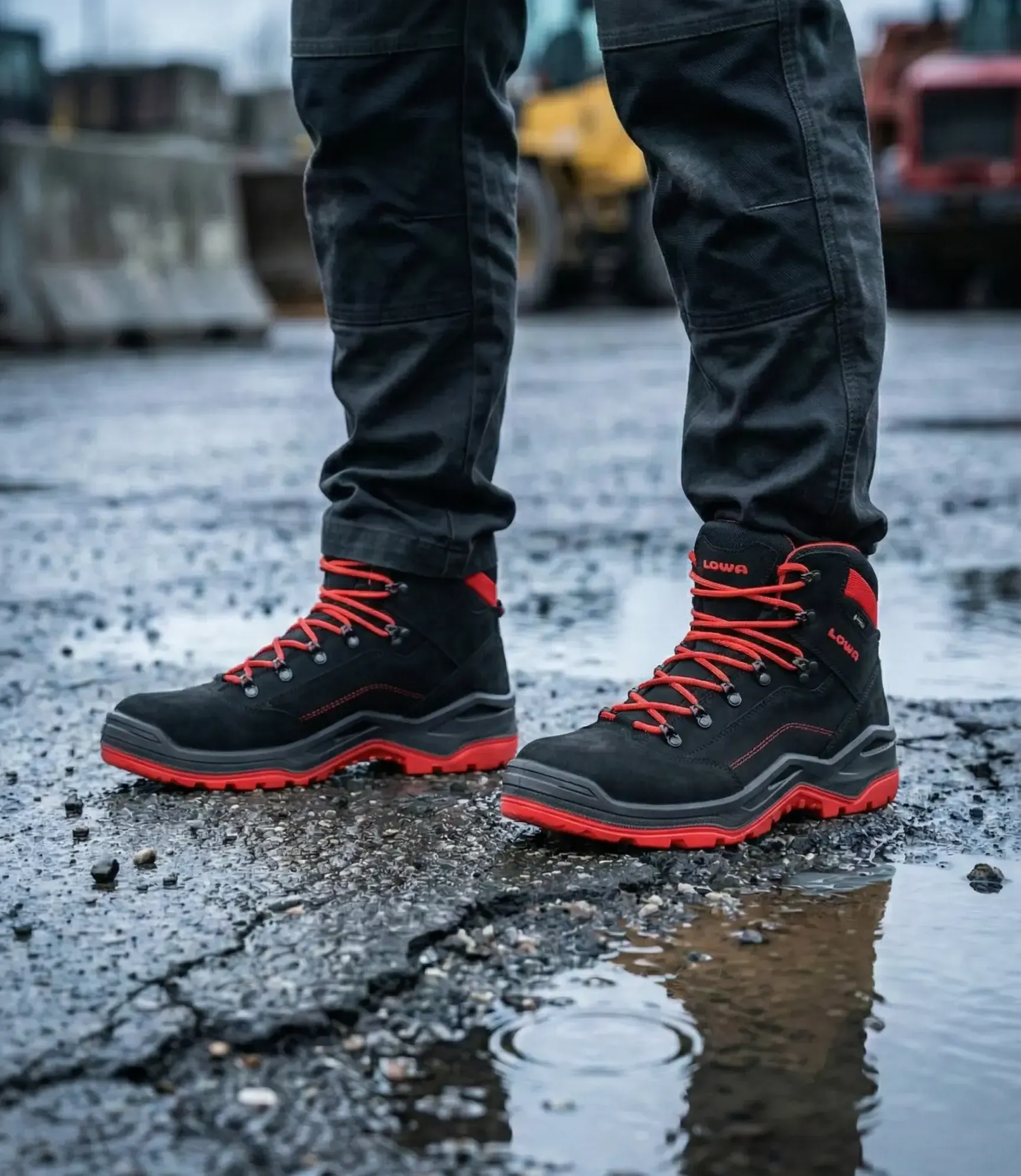 Atmospheric image of Lowa Renegade Work GTX Red on a wet construction site