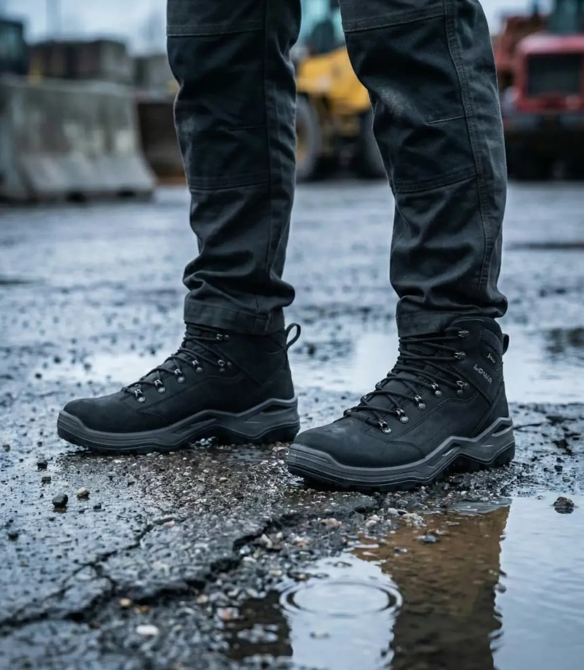 Zdjęcie atmosferyczne Lowa Renegade Work GTX Black na mokrym placu budowy