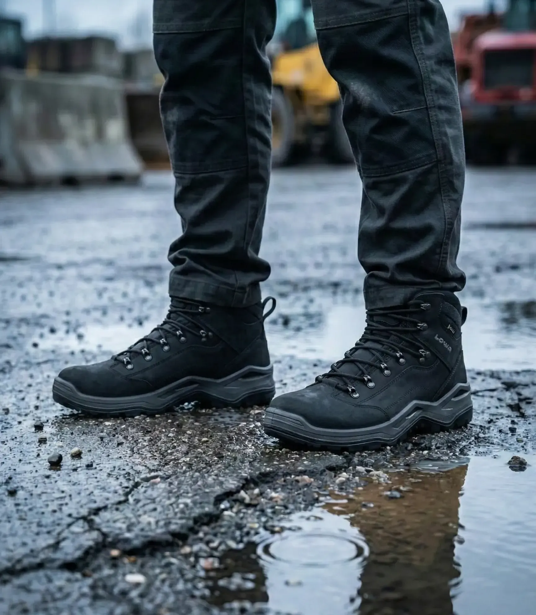 Atmospheric image of Lowa Renegade Work GTX Black on a wet construction site