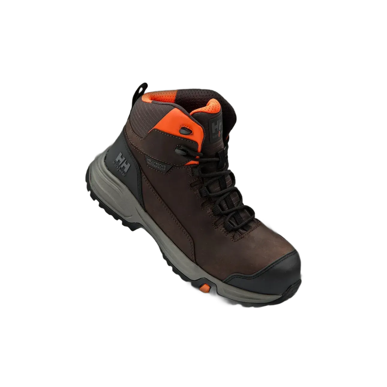 Zwevende Helly Hansen manchester werkschoen in donkere omgeving