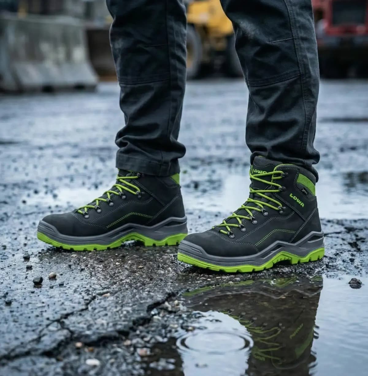 Atmospheric image of Lowa Renegade Work GRX Green Mid on a wet construction site