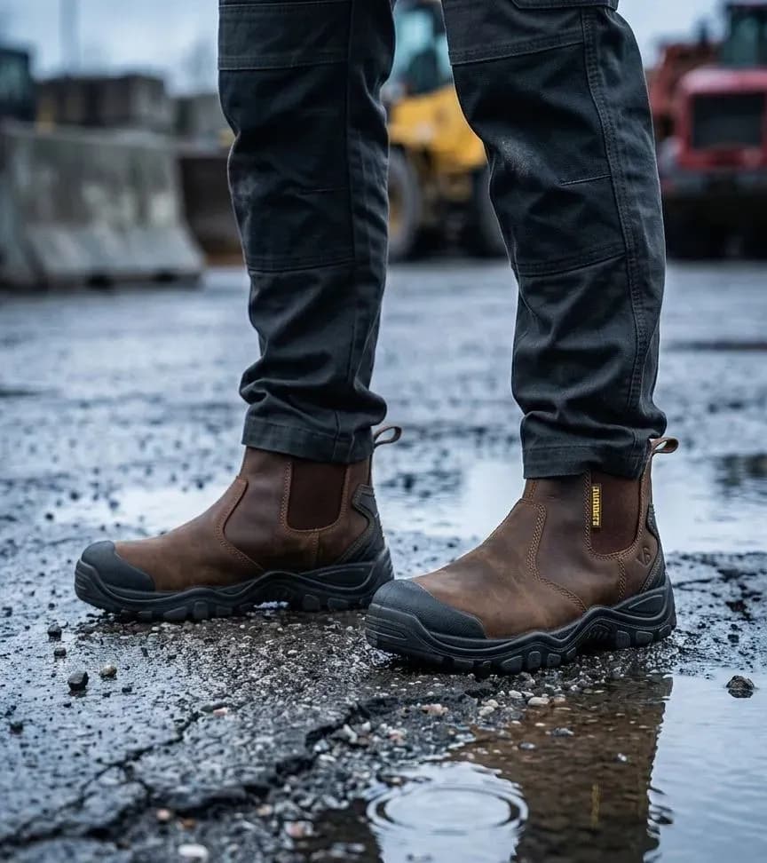 Sfeerafbeelding BuckBootz BSH006 Bruin op natte bouwplaats