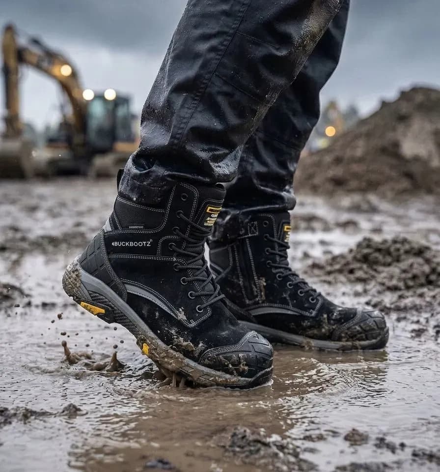 Sfeerafbeelding BuckBootz Tradez Blastz Zwart op natte bouwplaats