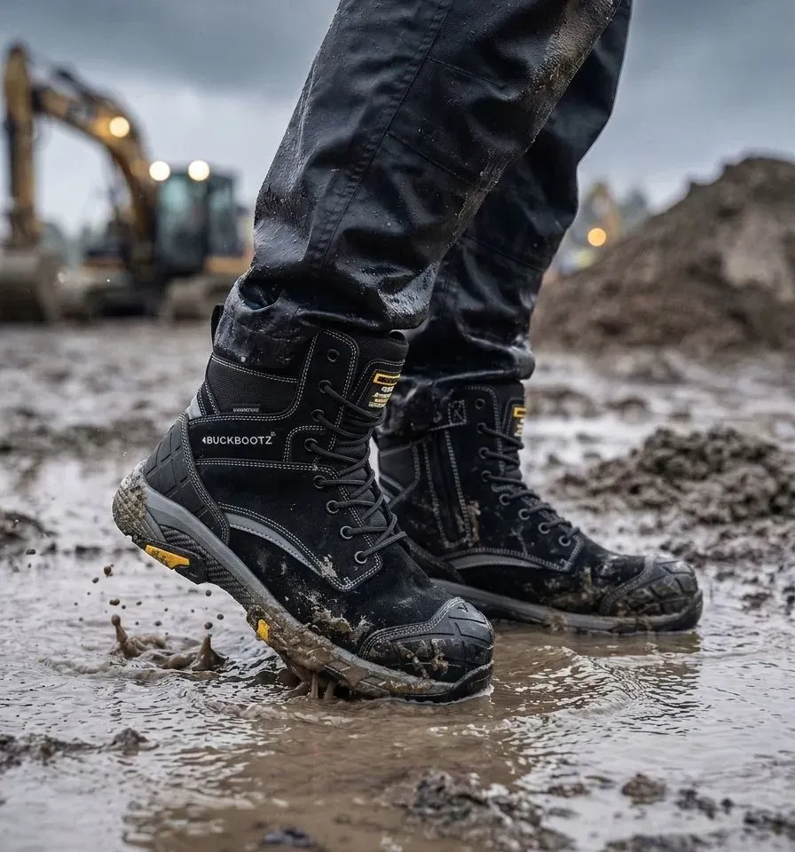 Sfeerafbeelding BuckBootz Tradez Blastz Zwart op natte bouwplaats