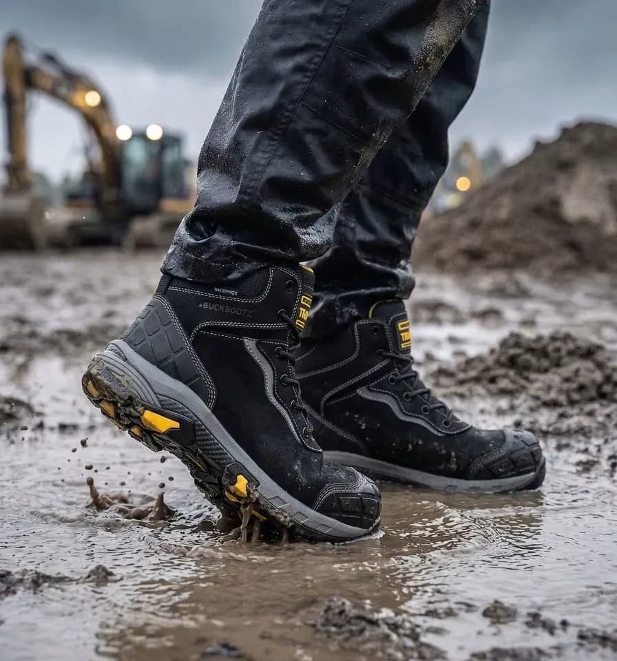 Sfeerafbeelding BuckBootz Tradez Blitz Zwart op natte bouwplaats