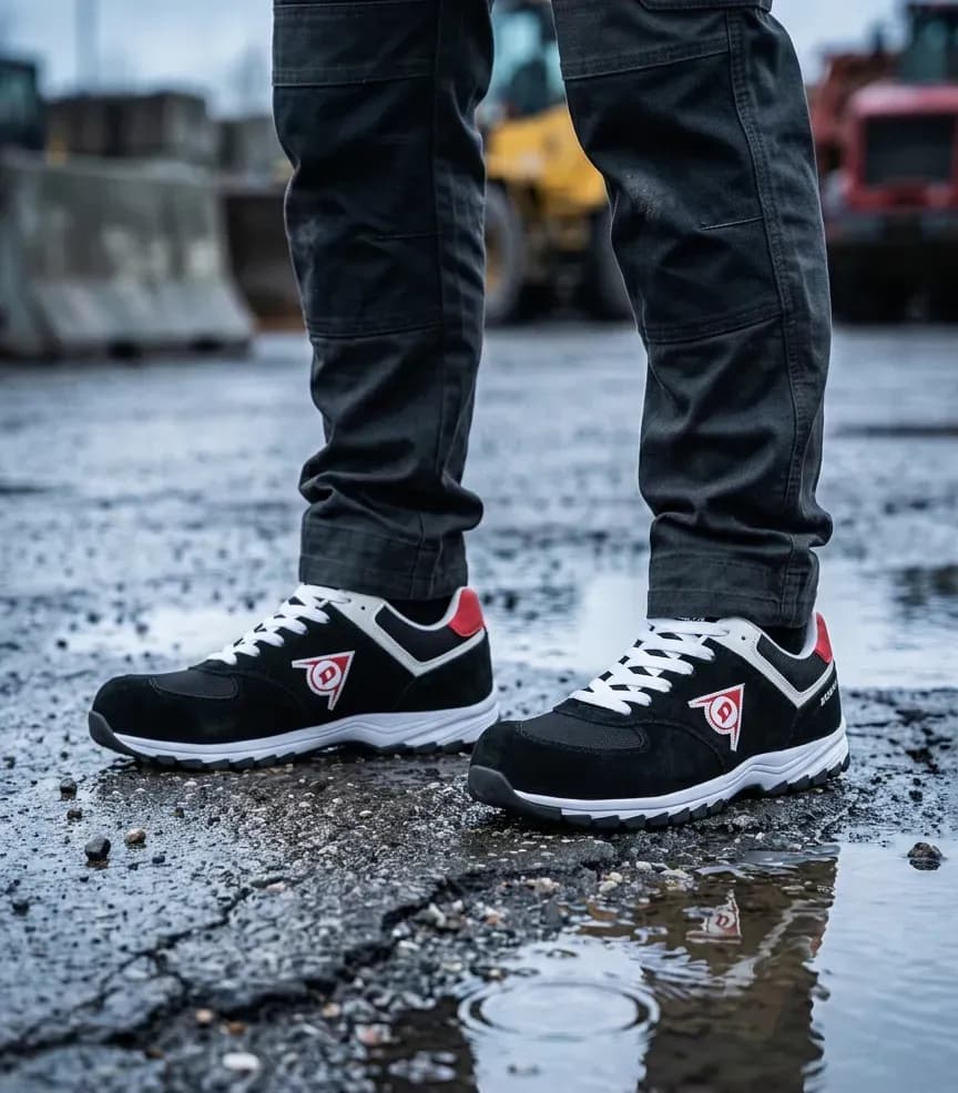 Atmospheric image of Dunlop Flying Arrow safety sneaker black on a wet construction site