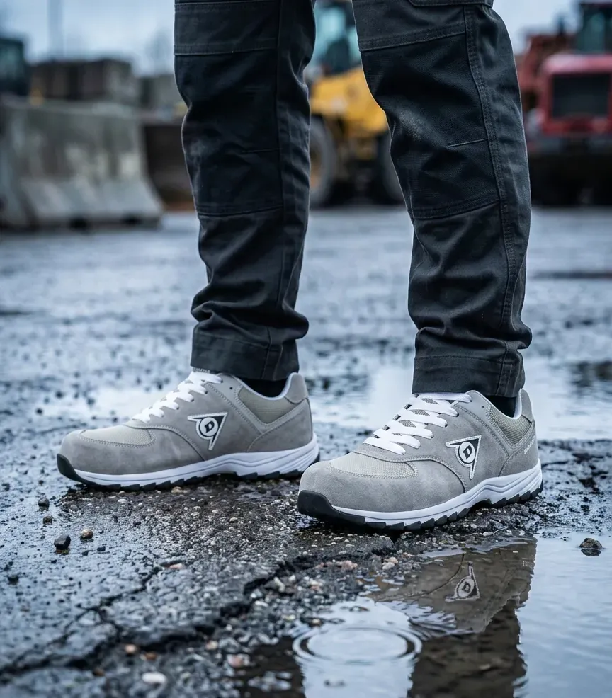 Atmospheric image of Dunlop Flying Arrow safety sneaker grey on a wet construction site