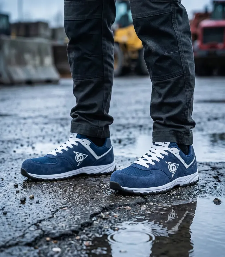 Atmospheric image of Dunlop Flying Arrow safety sneaker navy on a wet construction site
