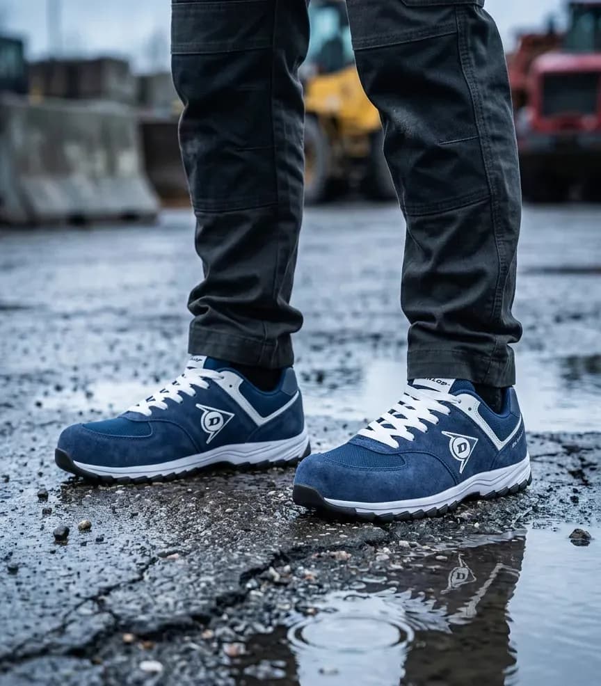 Atmospheric image of Dunlop Flying Arrow safety sneaker navy on a wet construction site