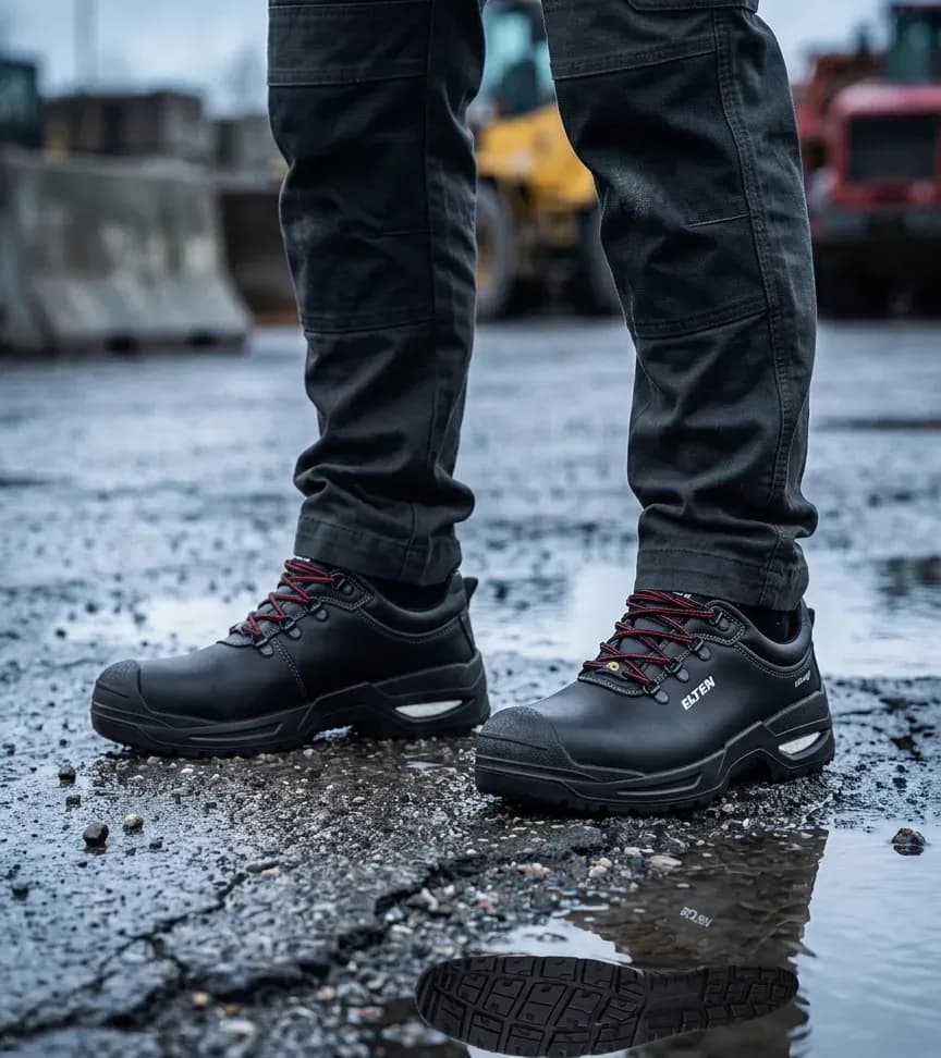 Atmospheric image of Elten Francesco xxsg black on a wet construction site