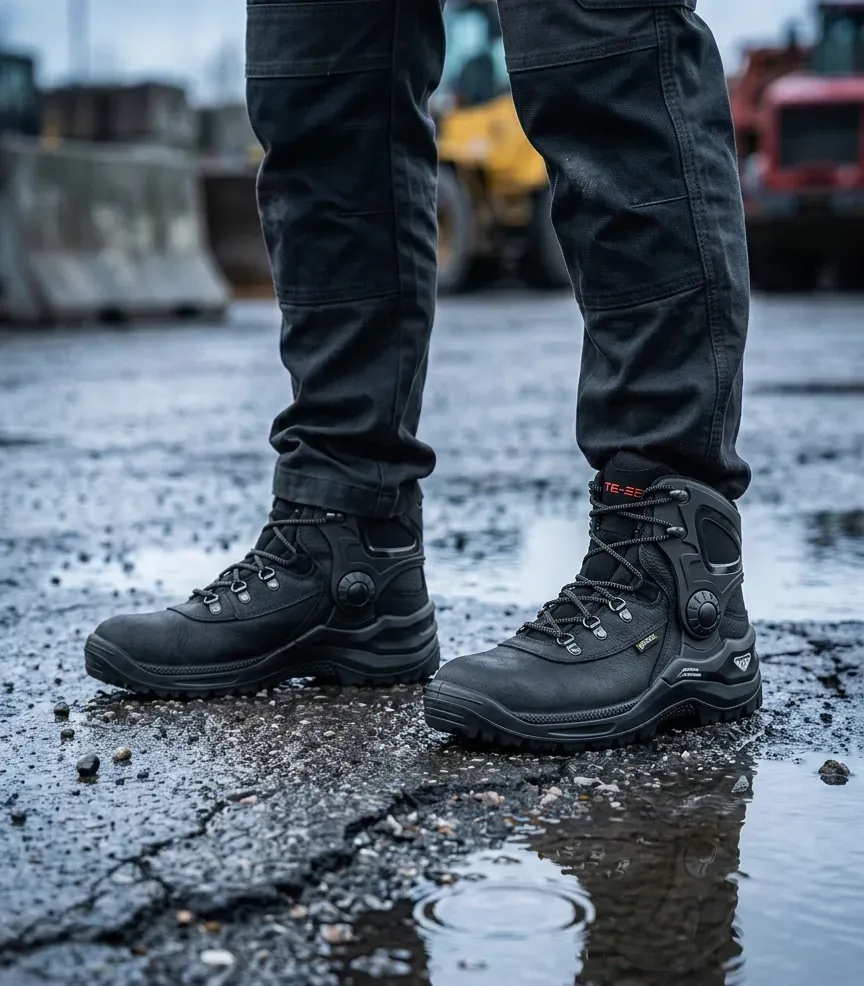 Atmospheric image of Elten Fusion gtx on a wet construction site