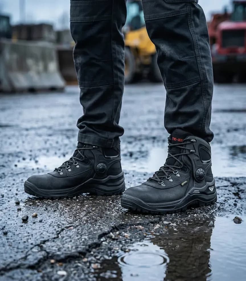 Atmospheric image of Elten Fusion gtx on a wet construction site