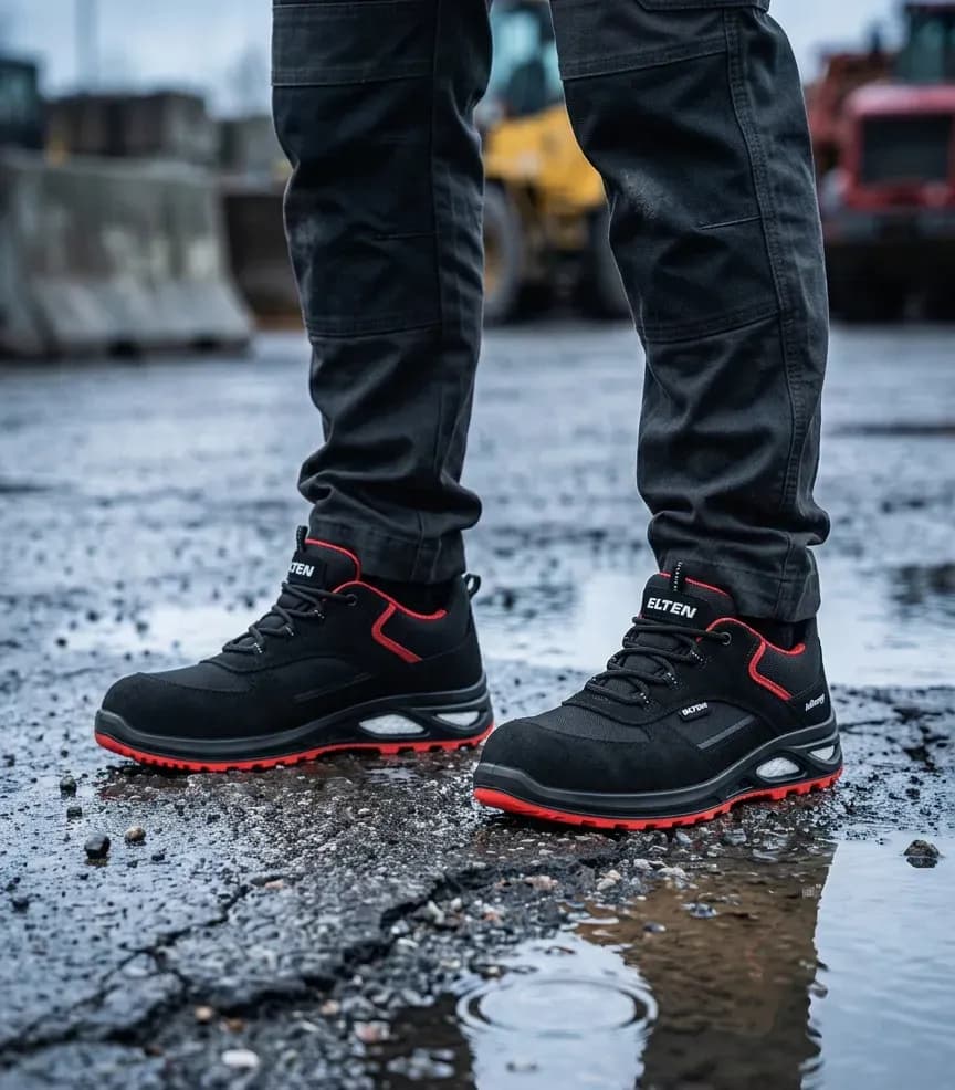 Atmospheric image Elten Hannah xxtl black red Low on a wet construction site