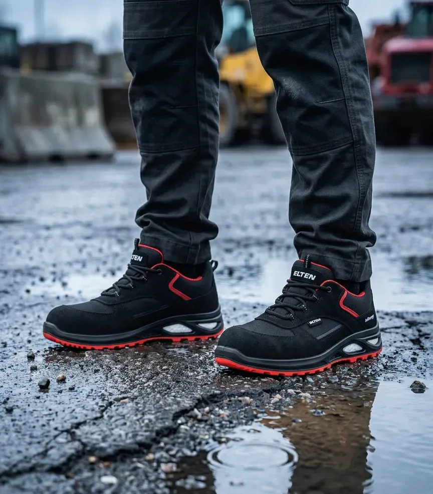 Atmospheric image Elten Hannah xxtl black red Low on wet construction site