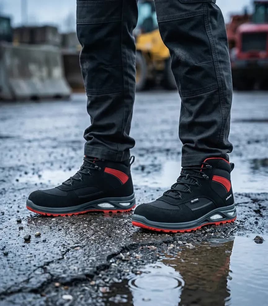 Atmospheric image Elten Hannah xxtl black red Mid-high on wet construction site