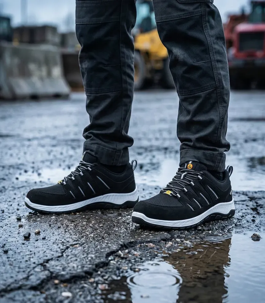 Atmospheric image of Elten Maddox black grey on a wet construction site