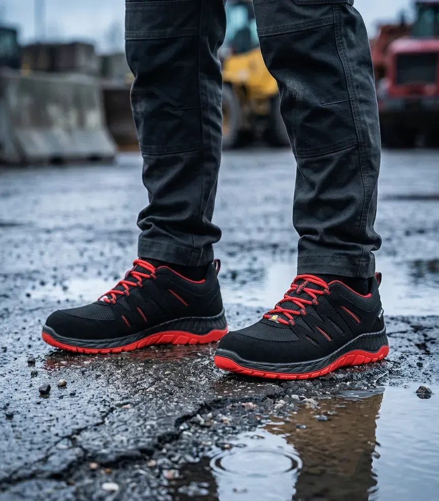 Atmospheric image Elten Maddox black red Low on wet construction site