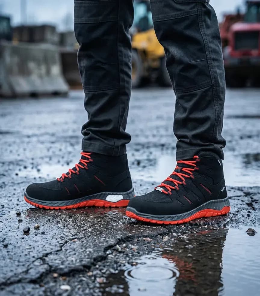 Atmospheric image Elten Maddox black red Mid-high on wet construction site