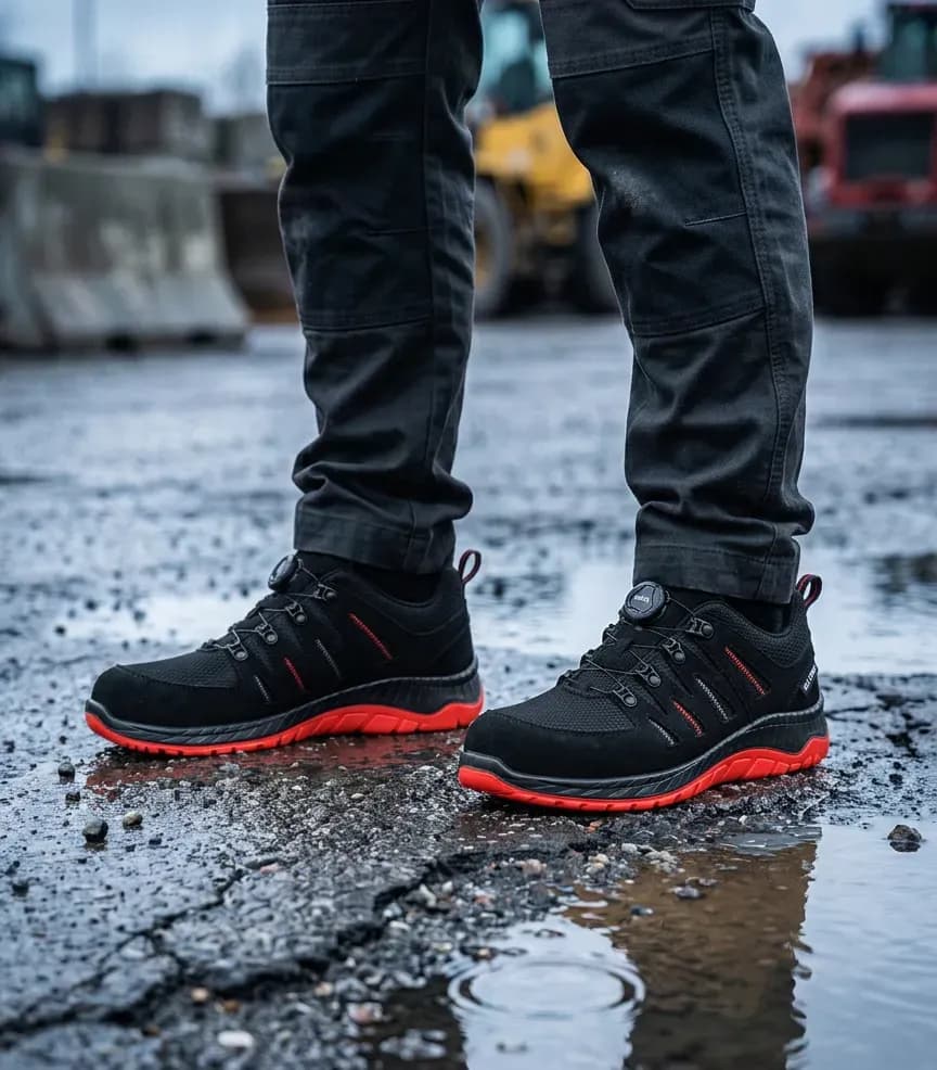Atmospheric image Elten Maddox boa black red Low on a wet construction site