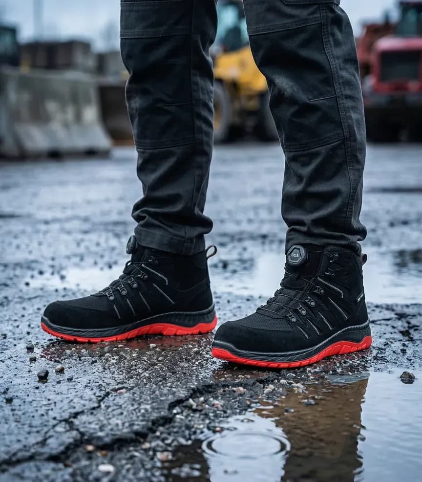 Atmospheric image Elten Maddox boa black red Mid-high on wet construction site