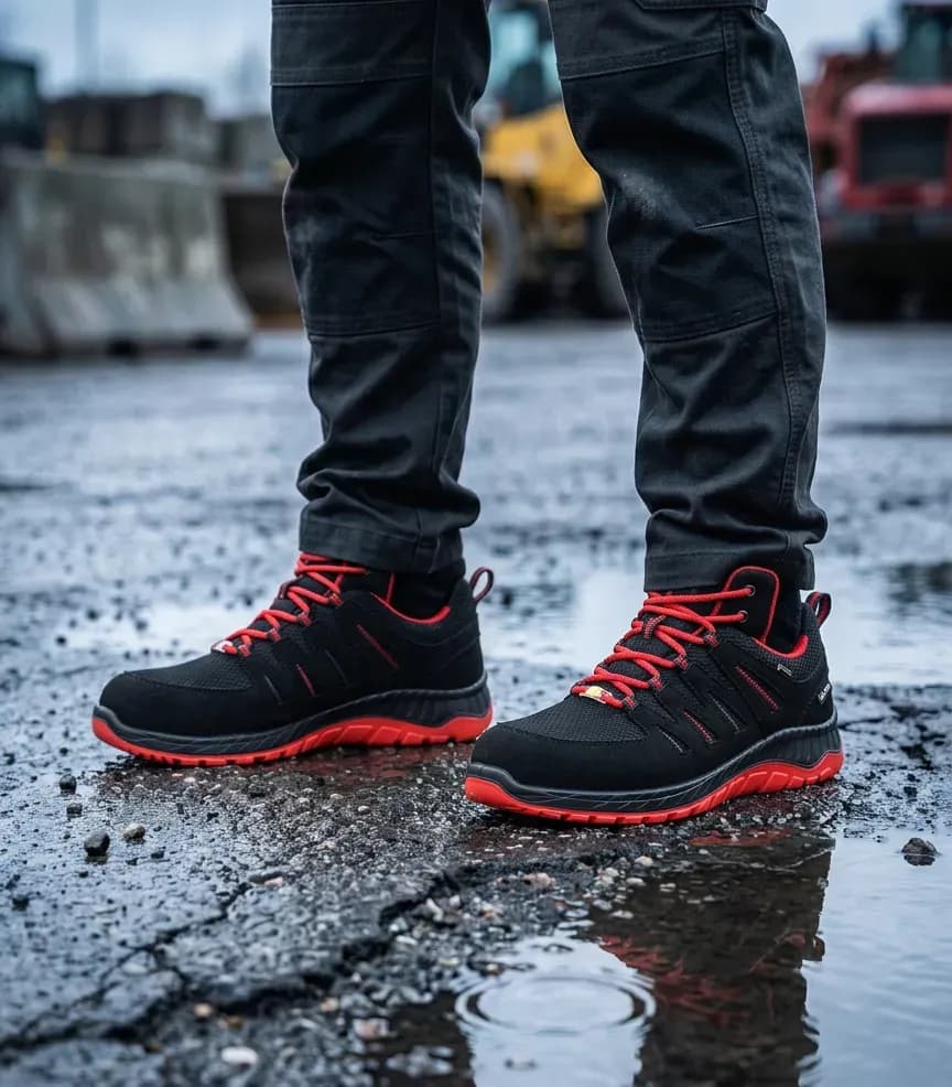 Atmospheric image of Elten Maddox gtx W black red Low on a wet construction site