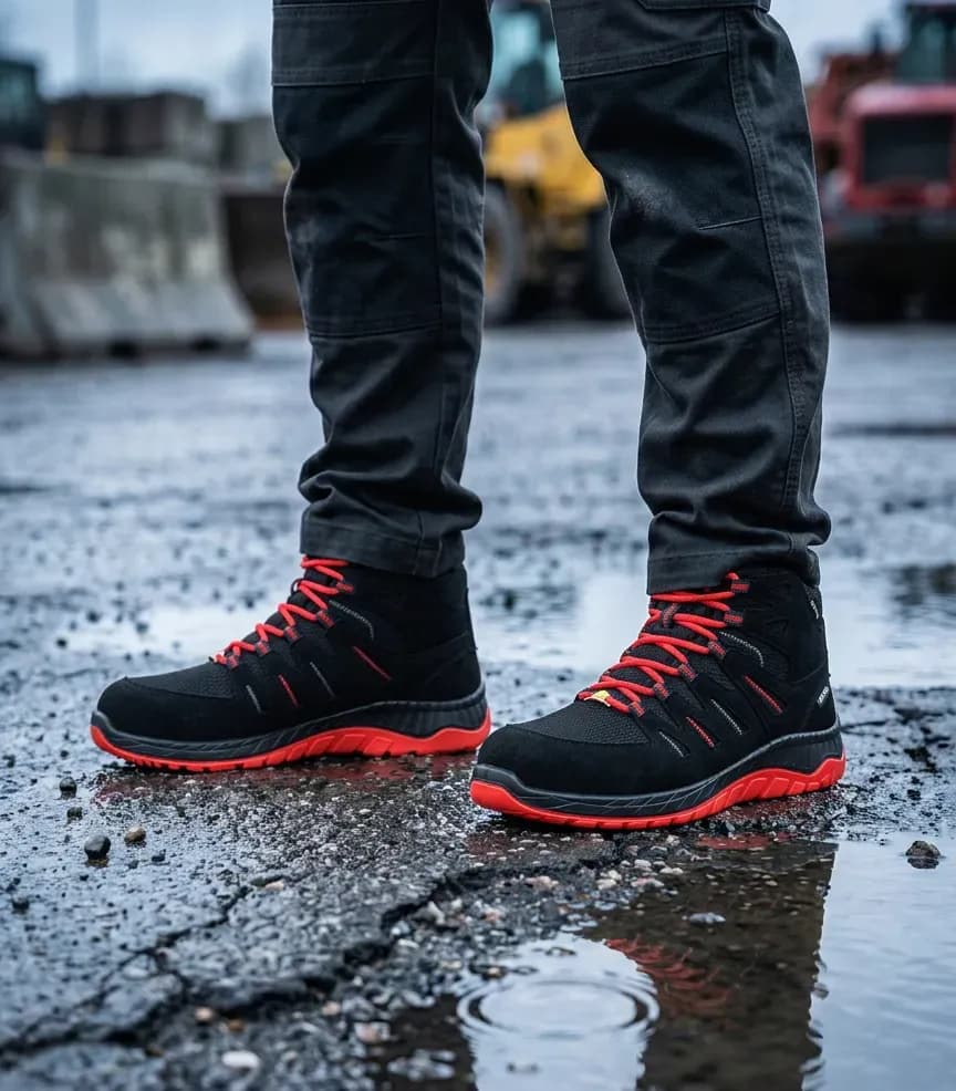 Stimmungsbild Elten Maddox gtx W schwarz rot Halbschuh auf nassem Baustellenboden