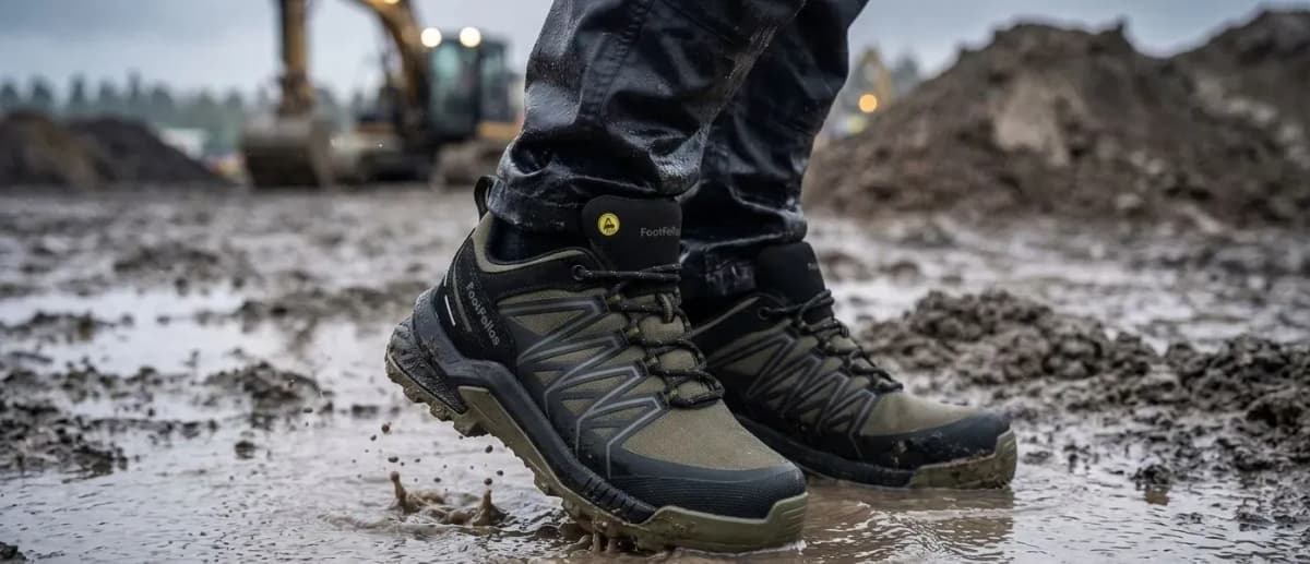 Sfeerafbeelding FootFellas Dave op natte bouwplaats