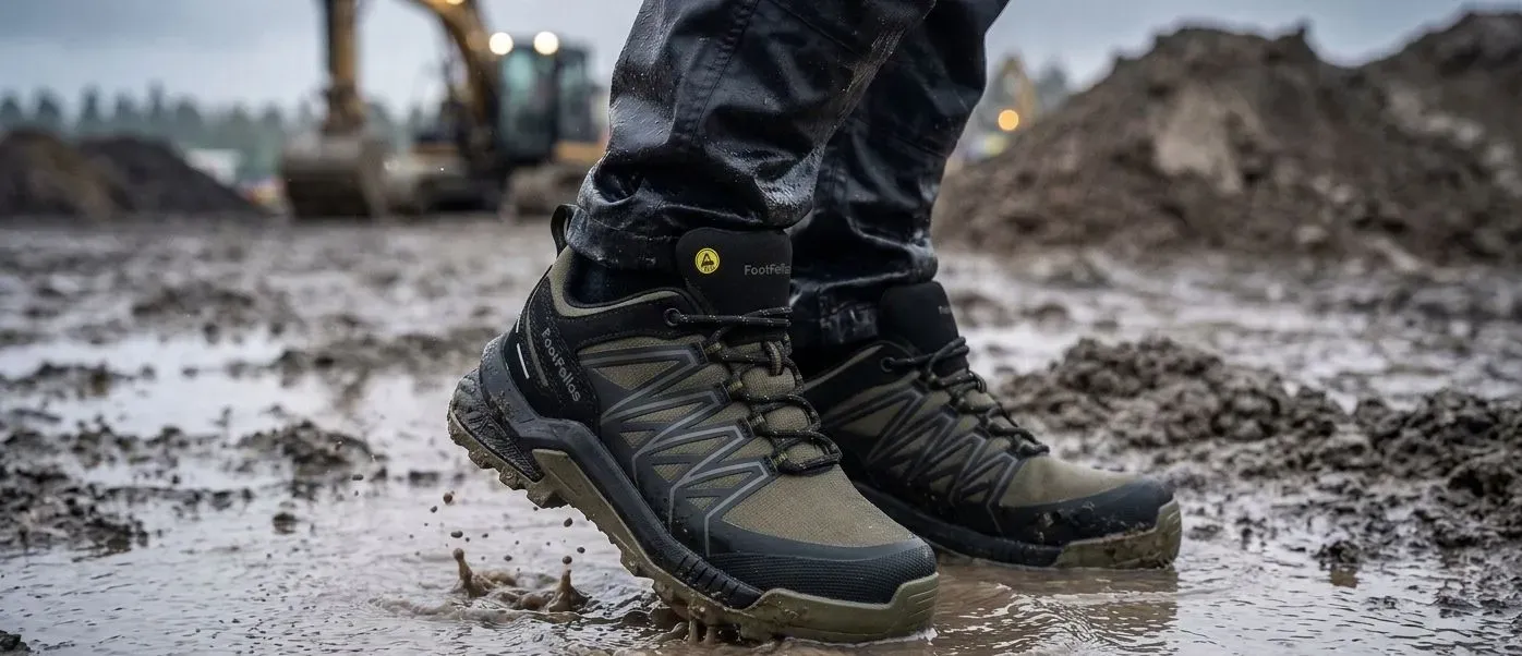 Sfeerafbeelding FootFellas Dave op natte bouwplaats