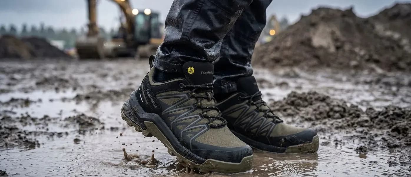 Sfeerafbeelding FootFellas Dave op natte bouwplaats