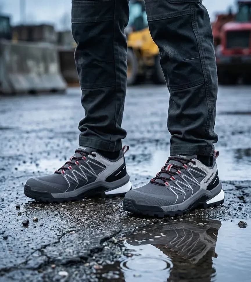 Sfeerafbeelding FootFellas Jack Grijs op natte bouwplaats