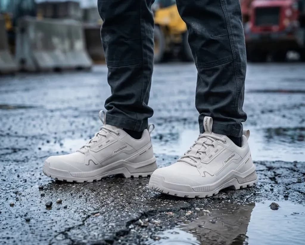 Sfeerafbeelding Footfellas Jane op natte bouwplaats