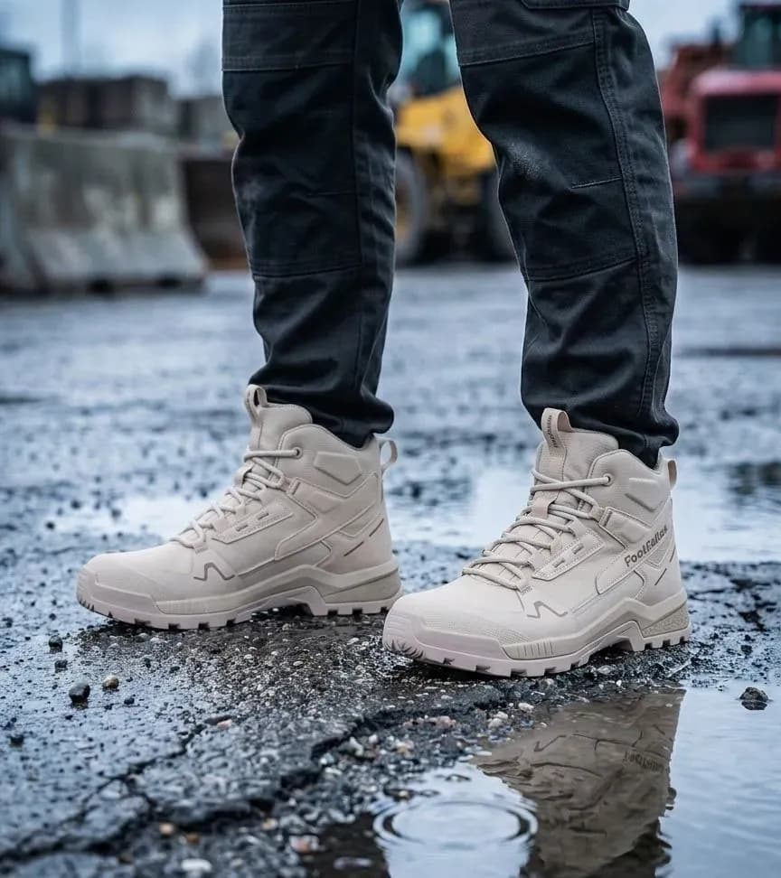 Sfeerafbeelding Footfellas Joanne op natte bouwplaats