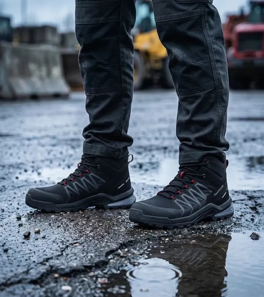 Sfeerafbeelding FootFellas Jordan Zwart op natte bouwplaats