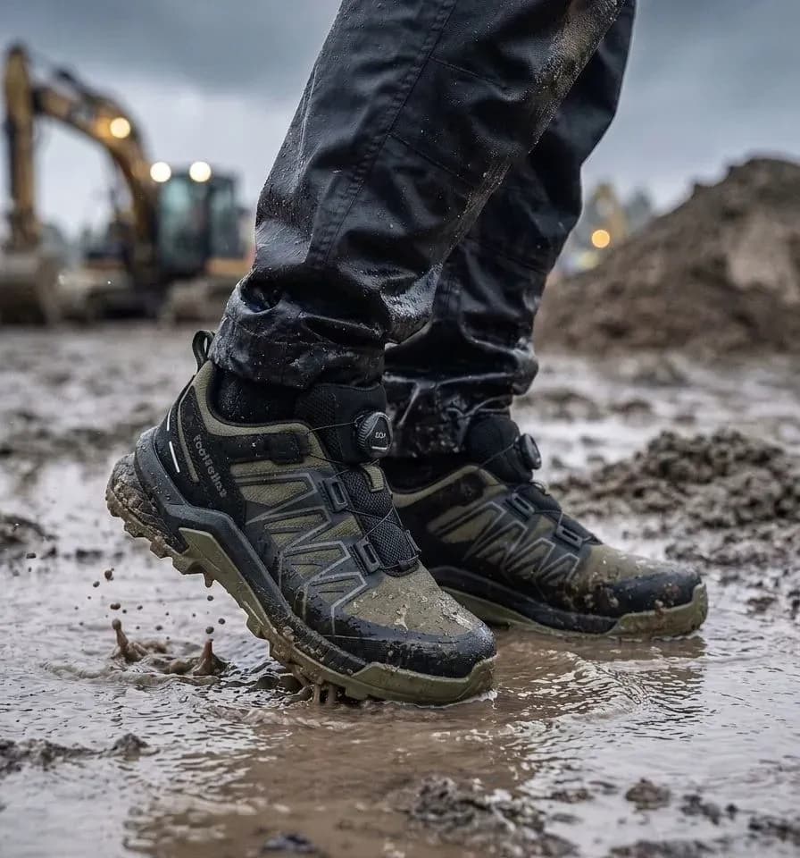 Sfeerafbeelding FootFellas Max op natte bouwplaats