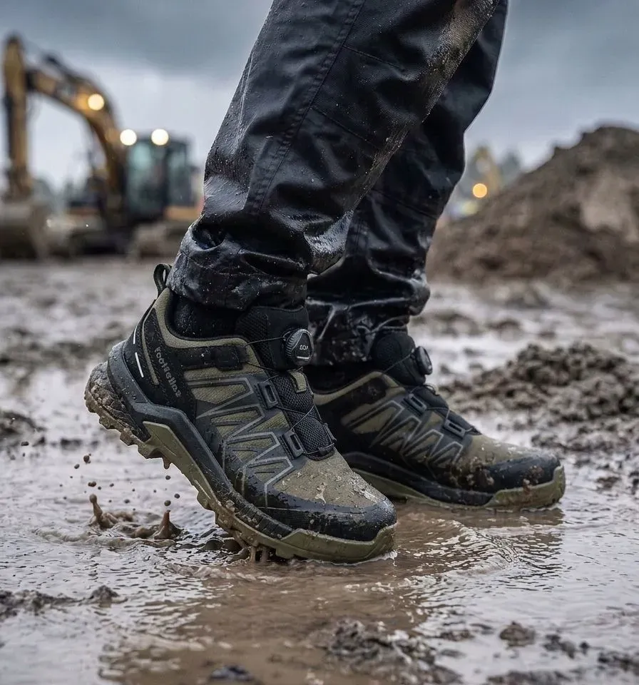 Sfeerafbeelding FootFellas Max op natte bouwplaats