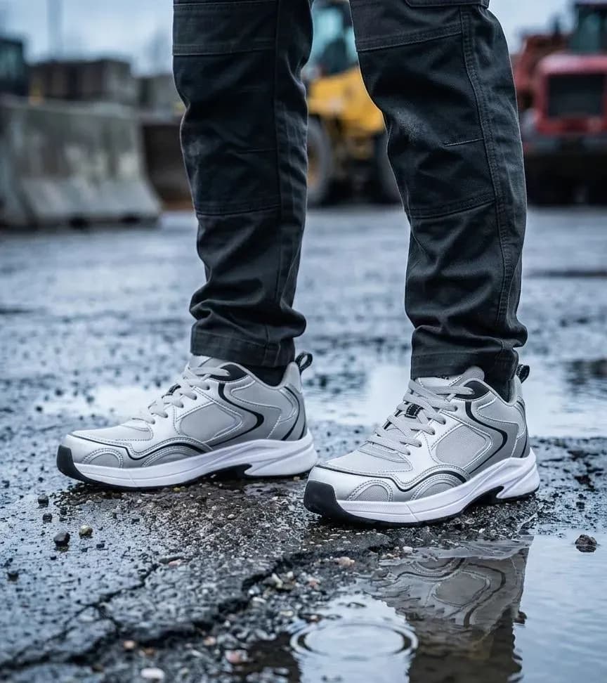 Sfeerafbeelding Footfellas Maya Zilver op natte bouwplaats