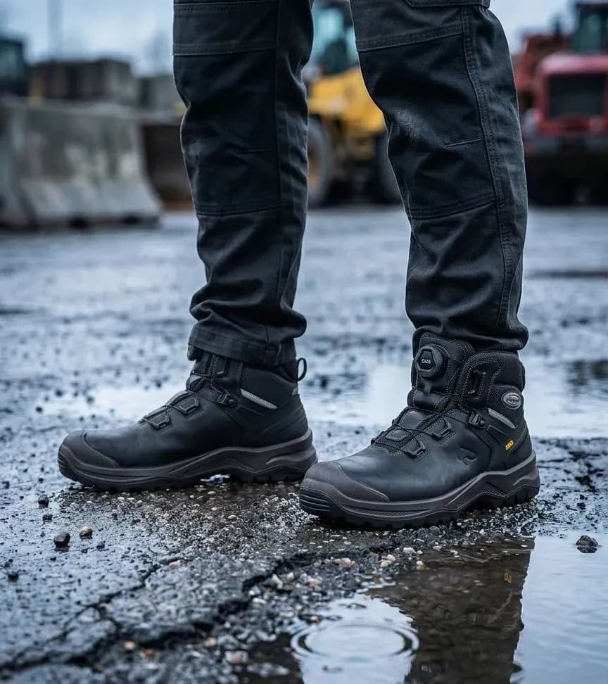 Atmospheric image of Grisport Safety 903L BOA on a wet construction site