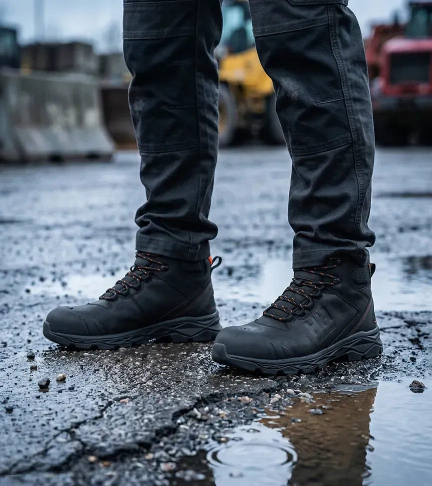 Atmospheric image of Helly Hansen Oxford Mid Black on a wet construction site