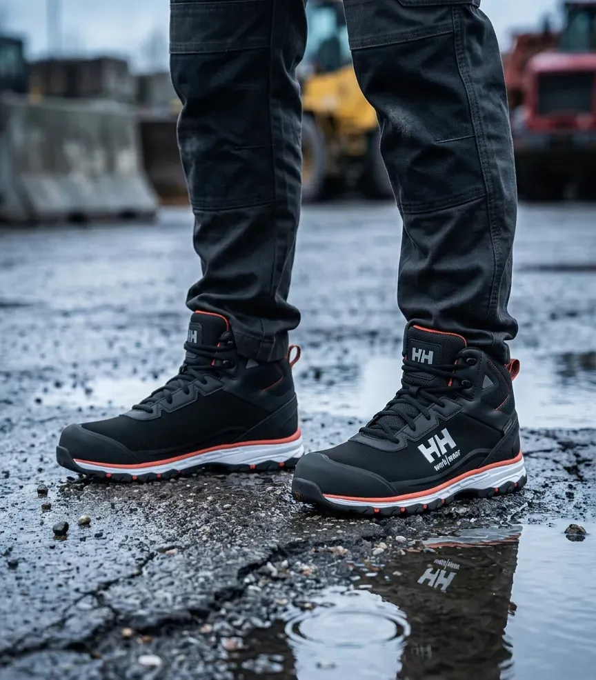 Atmospheric image of Helly Hansen Chelsea Evolution 78392 2.0 HT on a wet construction site