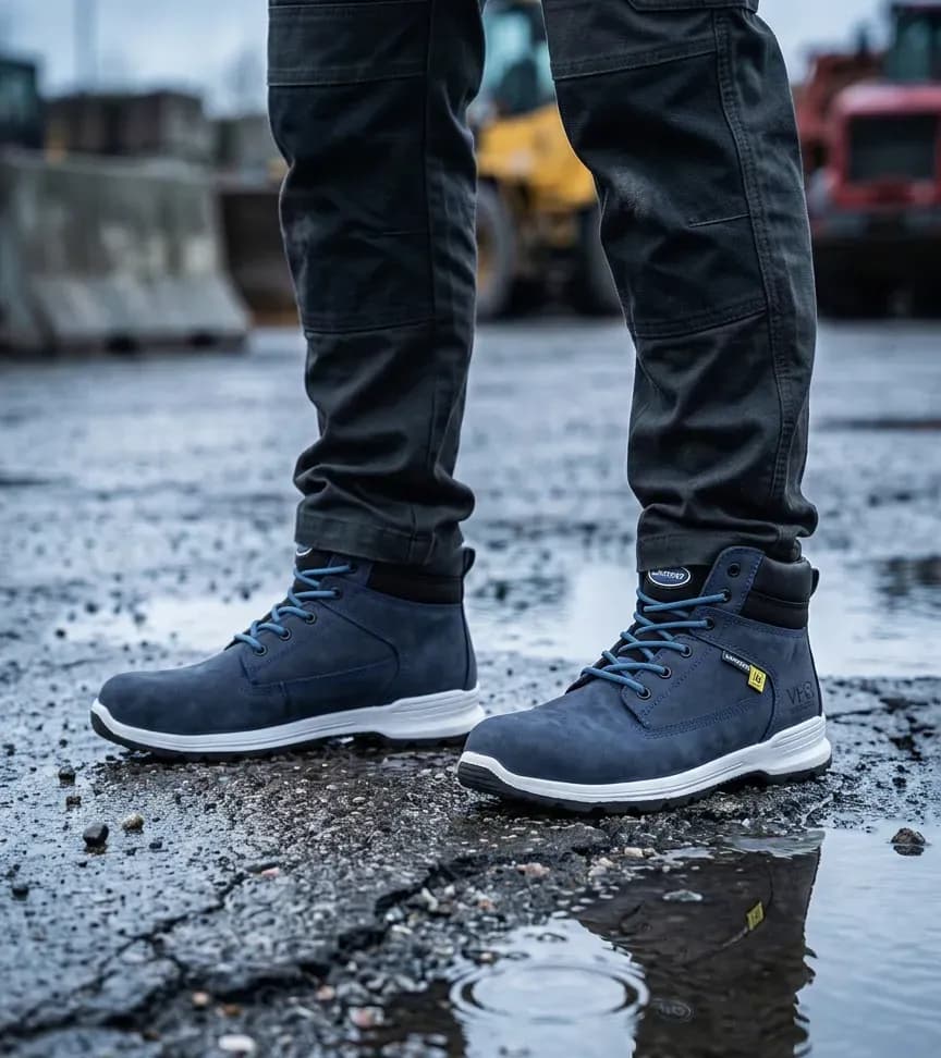 Atmospheric image of LAVORO JUTTA E18 NAVY on a wet construction site