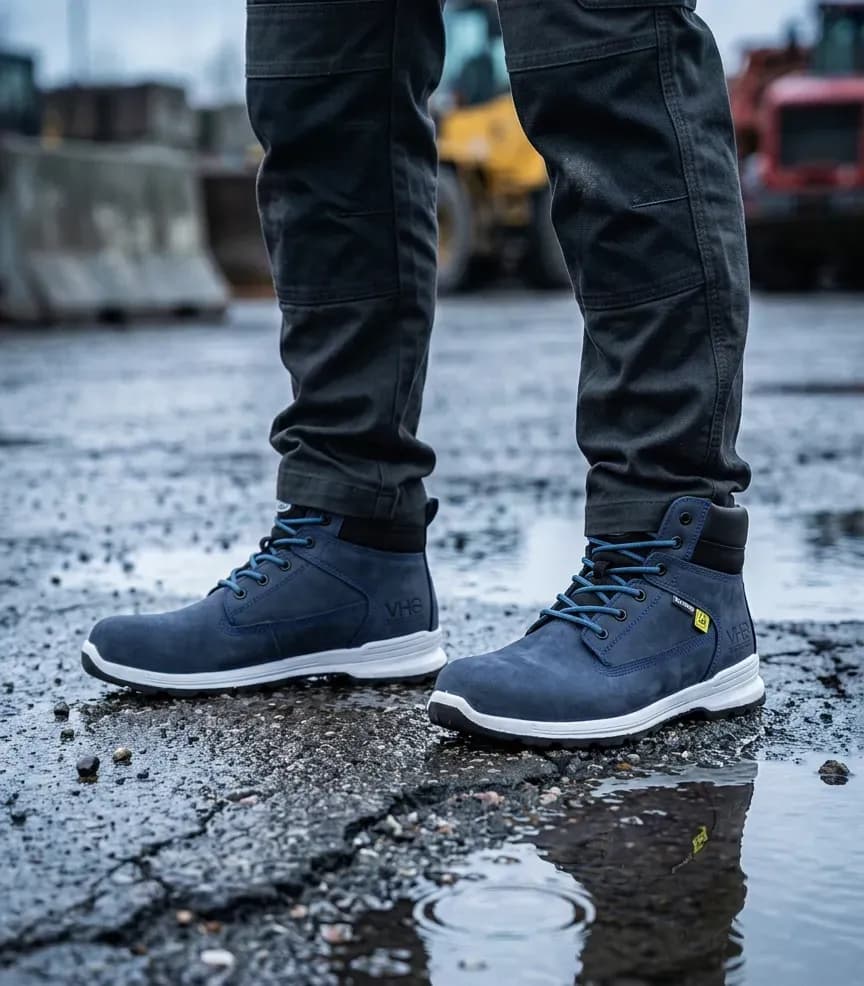 Atmospheric image of LAVORO JUTTA E18 NAVY on a wet construction site