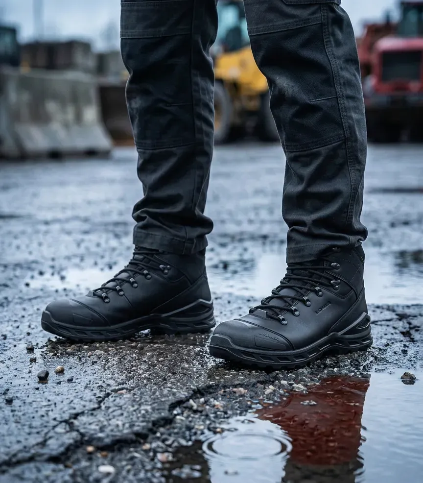 Sfeerafbeelding Lowa Leandro work lx pro gtx Halfhoog op natte bouwplaats
