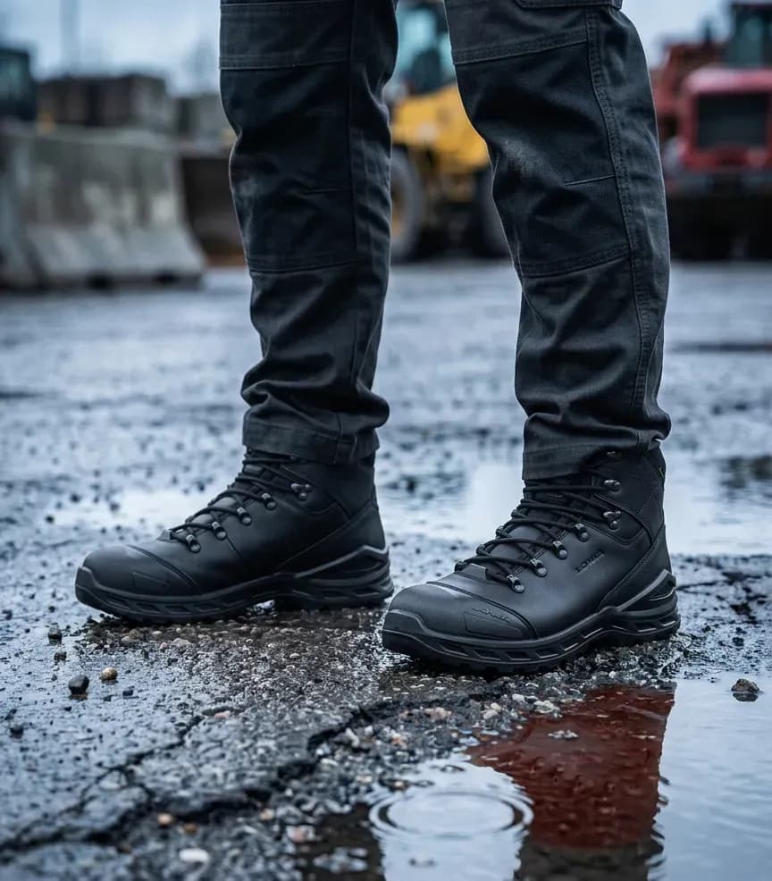 Stimmungsbild Lowa Leandro work lx pro gtx Halbschuh auf nassem Baustellenboden