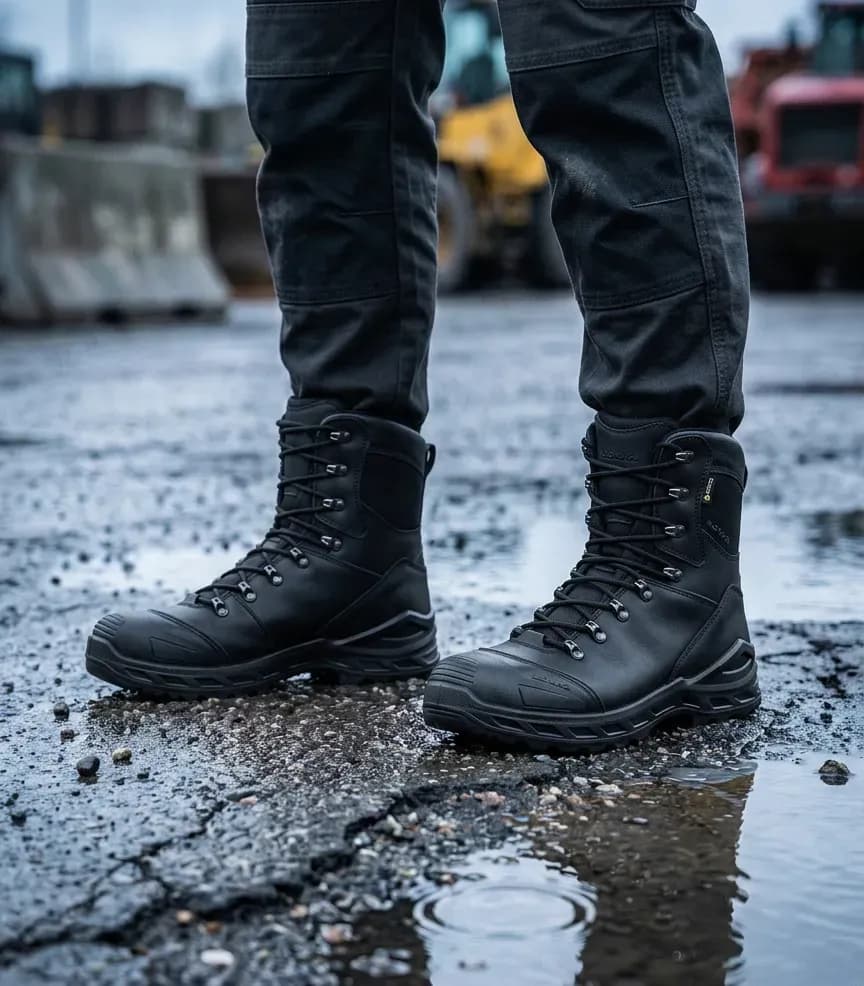 Atmospheric image of Lowa Seeker work lx pro gtx on a wet construction site