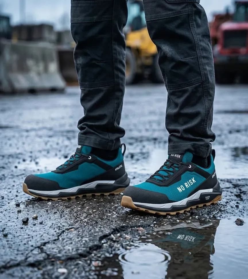 Atmospheric image of No Risk Athletic Low Blue on a wet construction site
