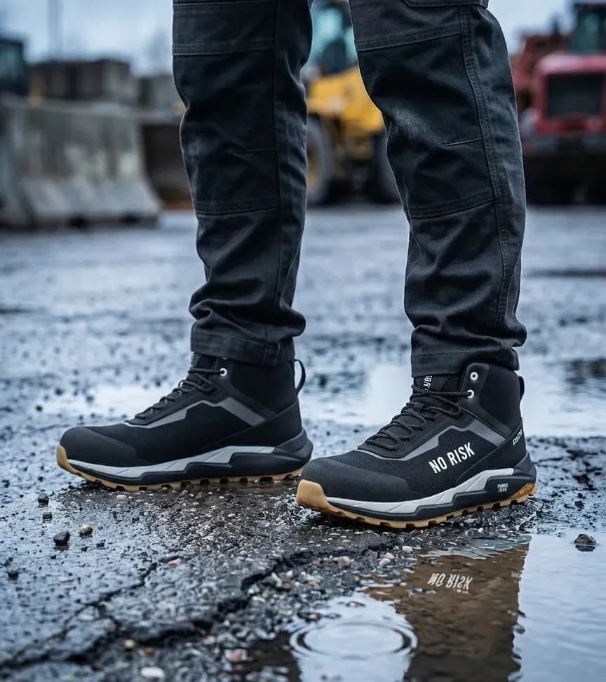 Atmospheric image No Risk Athletic Mid Black on a wet construction site